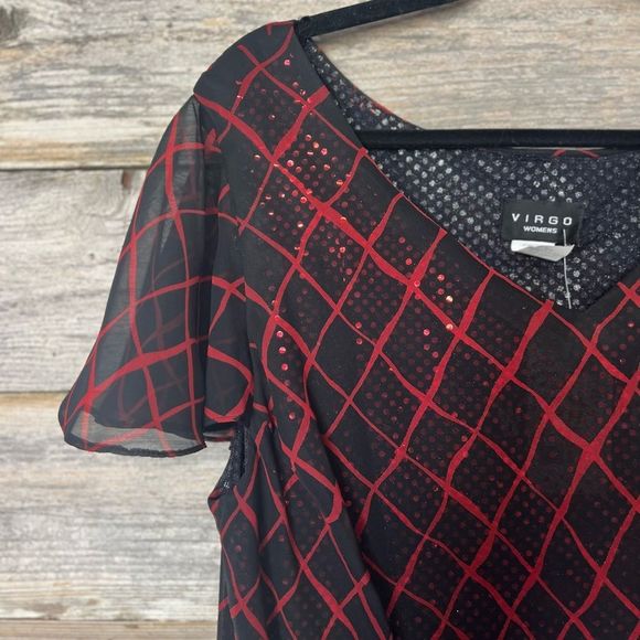 NWT Virgo Asymmetrical Diamond Sheer Overlay Sequined  Midi Short Sleeve Dress - Picture 2 of 6